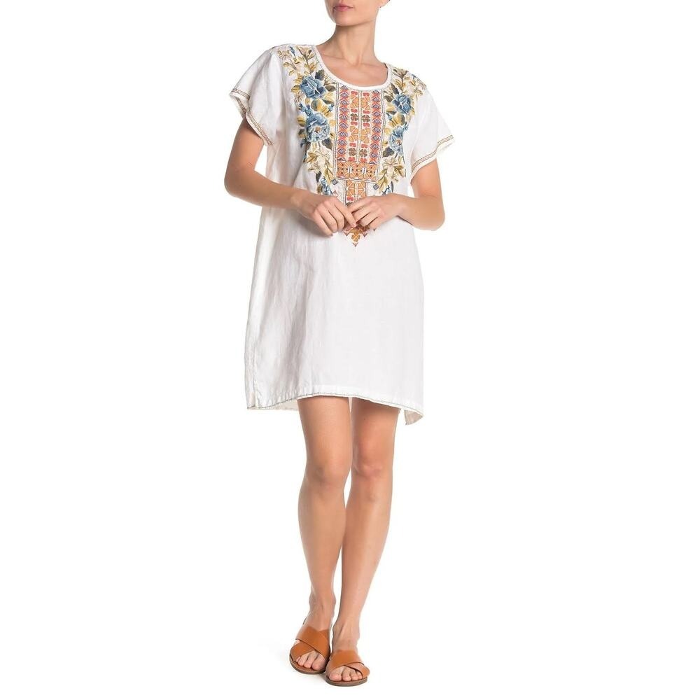 Johnny Was White Linen Embroidered Tunic Dress Boho Luxe